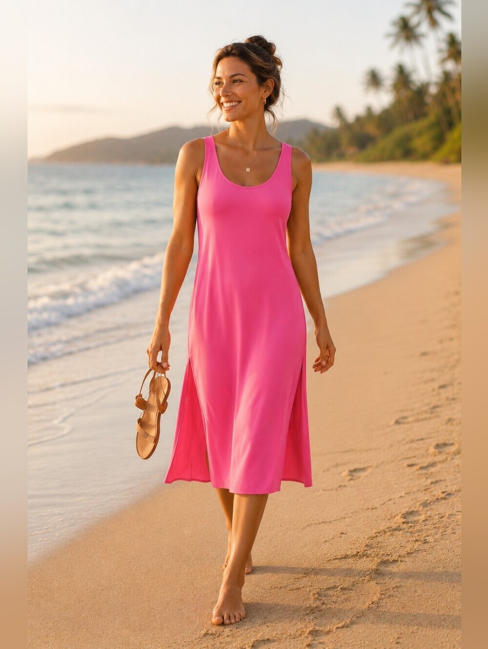 Barbie pink soft flowy midi dress double slit vacation cruise relaxed fit sz XL